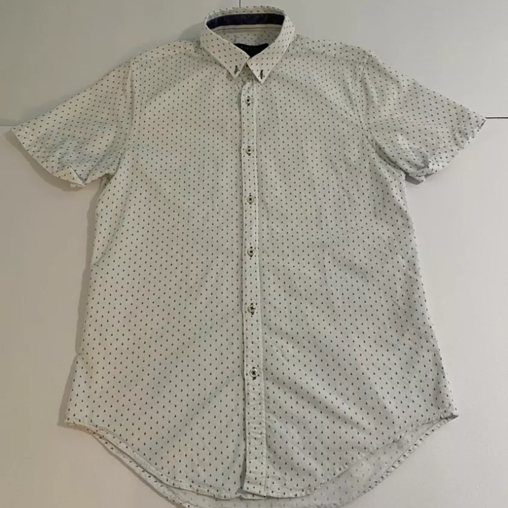Zara Man Shirt Mens Size Medium Rain Drop Print Short Sleeve White Slim Fit